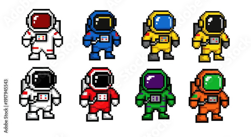 Eight pixelated astronauts in colorful spacesuits display various vibrant colors and visor styles