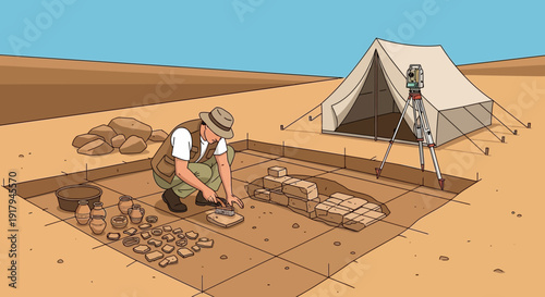 Archaeologists excavating ancient site in desert landscape with tent and artifacts