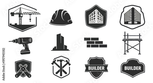 A collection of construction-themed icons featuring tools, buildings, and safety equipment