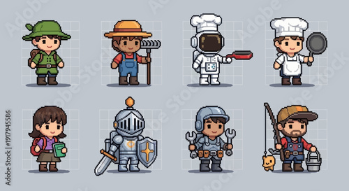 Eight pixel art characters representing various professions, displaying vibrant colors and unique attire