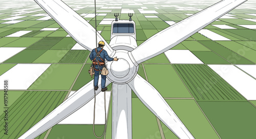 Technician inspecting wind turbine blades on green fields from elevated viewpoint