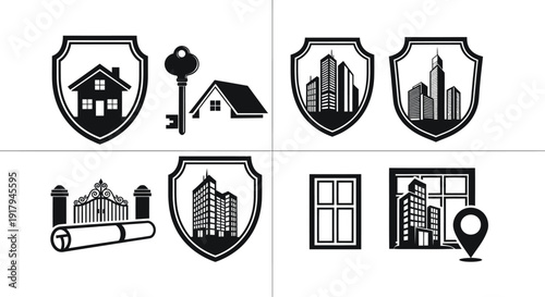 A collection of black and white graphic icons representing property, security, and construction themes