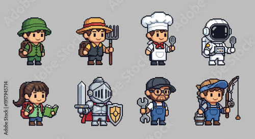 A collection of pixel art characters in various professions, showcasing diverse hobbies and attire