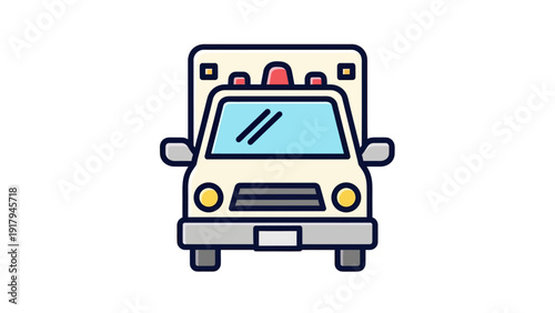 Cartoon ambulance illustration, cream-colored, with red lights and blue windshield. Facing forward