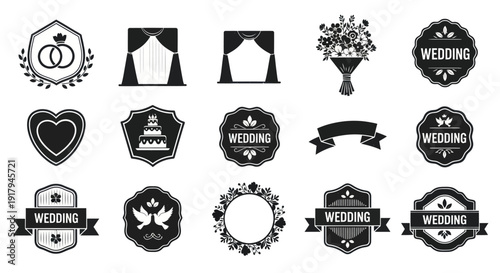 A collection of wedding-themed icons featuring rings, flowers, cakes, curtains, and badges
