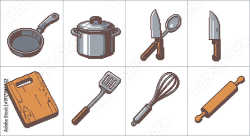A collection of kitchen utensils including a frying pan, pot, knives, spoon, and rolling pin
