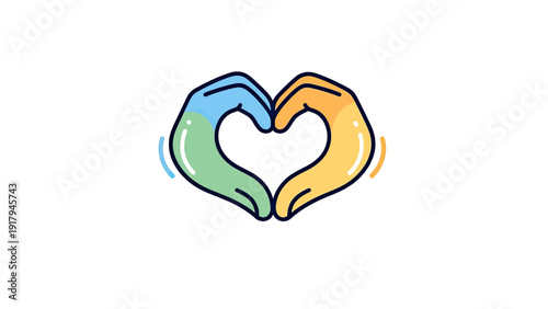 Two hands forming a colorful heart shape, set against a white backdrop