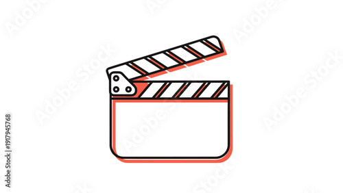 A vector illustration of a movie clapperboard, open. It is outlined with black and orange