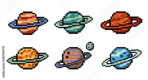 A colorful pixel art representation of six distinct planets with rings in various styles and colors