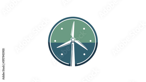 A circular emblem depicts a wind turbine within a segmented dial