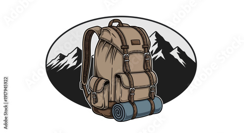A rugged backpack with straps and compartments, accompanied by a rolled sleeping mat, set against mountains