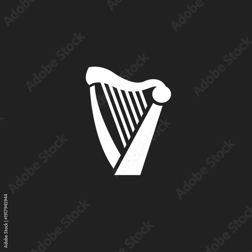 White Irish Harp Symbol on Black Background