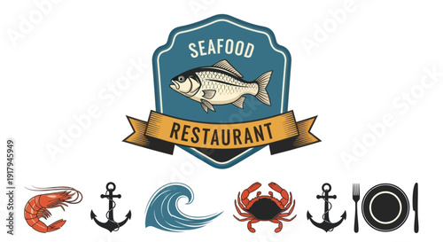 A vibrant seafood restaurant logo featuring a fish, shrimp, crab, waves, anchors, and cutlery