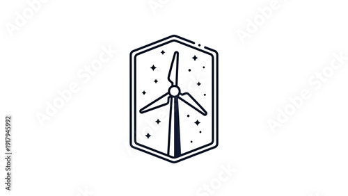 A dark blue wind turbine icon within a hexagon, stars inside, against a white background