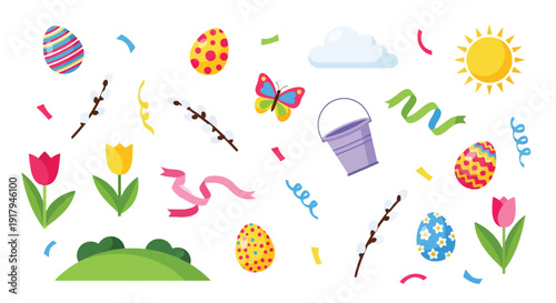 Colorful Easter and spring elements collection with decorated eggs, flowers, and festive decorations on a white background.