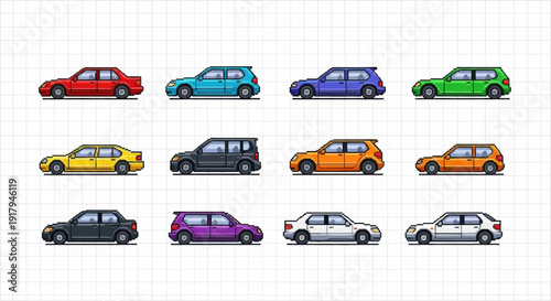 A grid of colorful pixel art cars showcasing various styles and colors, arranged in three rows