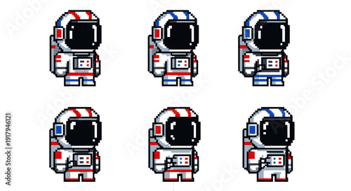 Four pixelated astronauts in spacesuits with red and blue accents, standing in two rows
