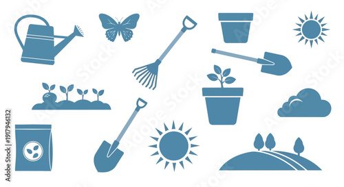 A collection of blue gardening icons including a watering can, plants, shovels, rake, pots, butterfly, sun, clouds, and a landscape.