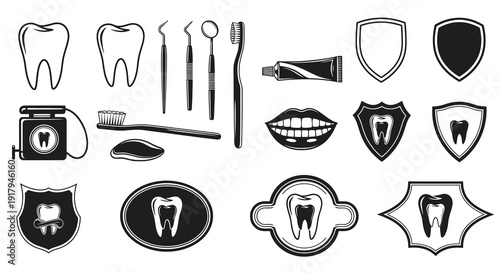 A collection of dental tools, teeth illustrations, and tooth-related icons representing oral health