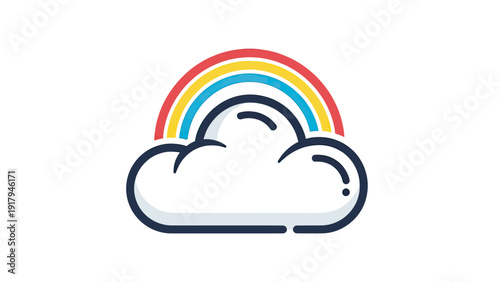A white cloud with a dark border features a rainbow of red, yellow, and blue