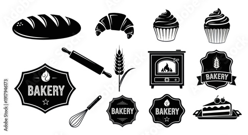 A collection of bakery-related icons including bread, croissant, cupcakes, and kitchen tools