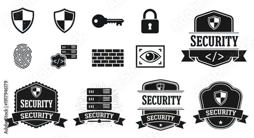 A collection of security-themed icons and badges including shields, locks, keys, and fingerprints
