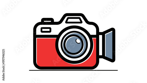 Cartoon camera with a lens and attached viewfinder. Red body, gray lens and viewfinder