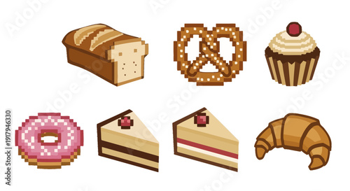 A colorful assortment of pixel-art baked goods, including bread, pretzel, cupcake, donut, cake, and croissant