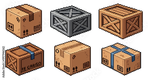 A variety of pixel art boxes in different styles including cardboard, metal, and wooden crates