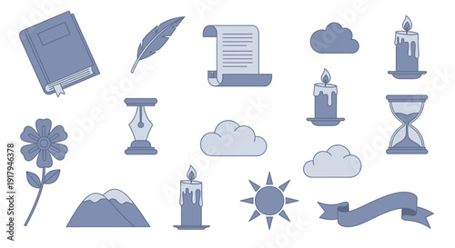 A collection of vintage-style illustrations featuring a book, quill pen, scroll, hourglass, candles, clouds, a flower, mountains, a sun, and a banner.