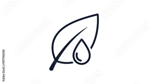 A dark outlined leaf with a water droplet adjacent on a white background