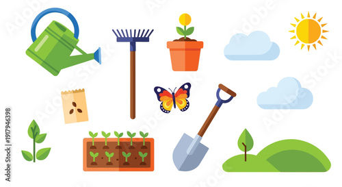A vibrant collection of gardening tools and elements, including a watering can, rake, shovel, seeds, potted plant, seedlings, a butterfly, clouds, and a sunny sky.