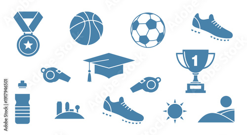 Collection of sports and education icons including a medal, basketball, soccer ball, running shoes, whistles, graduation cap, trophy, water bottle, and sun.