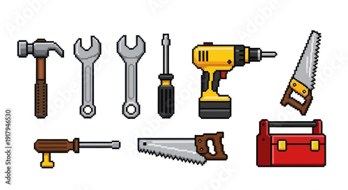 A collection of pixel art tools including a hammer, wrenches, screwdriver, drill, saws, and toolbox