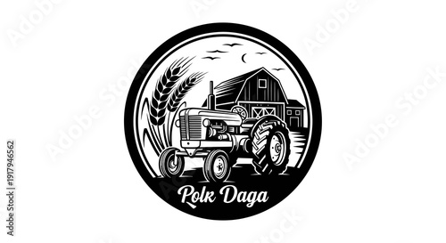 Circular logo featuring a vintage tractor beside a barn, with wheat and clouds in the background