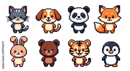 Colorful pixel art animals, including a cat, dog, panda, fox, rabbit, bear, tiger, and penguin