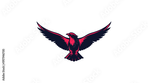 A stylized bird in flight, dark blue and red, against a white background. Wings spread