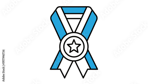 A blue and white ribbon icon with a central medallion featuring a star