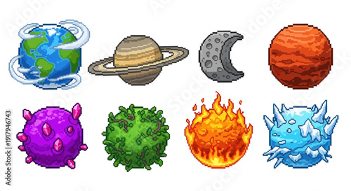 A pixel-art representation of various planets and elemental spheres, showcasing diverse textures