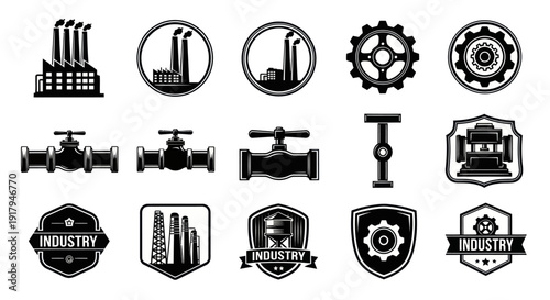 A collection of industrial-themed icons featuring factories, gears, and valves in black and white