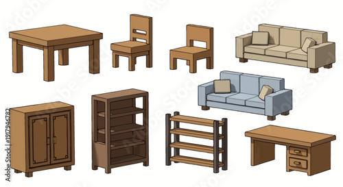 A collection of various furniture pieces, including tables, chairs, sofas, and shelves, depicted