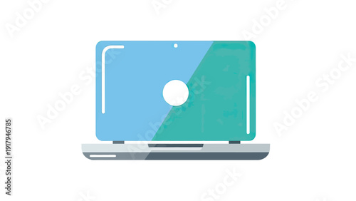 A stylized laptop computer with a two-tone blue and green screen on white background