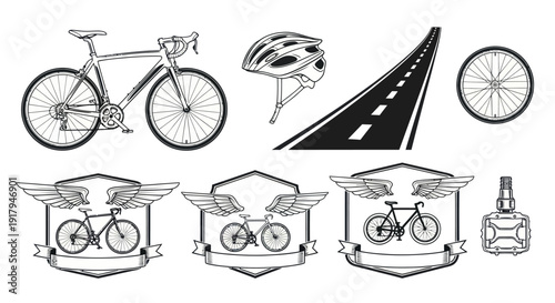 A collection of cycling-related graphics including a bike, helmet, road, compass, and badges