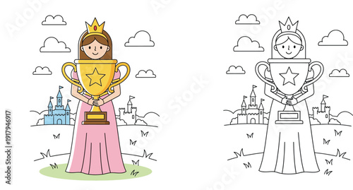 Cute Cartoon Princess Holding Golden Trophy Cup with Castle Background, Coloring Page and Color Illustration for Kids, Educational Activity Worksheet Vector Illustration (165 characters)