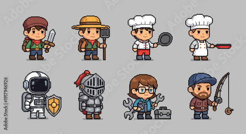 A collection of pixel art characters a warrior, farmer, chefs, astronaut, knight, mechanic, and fisherman