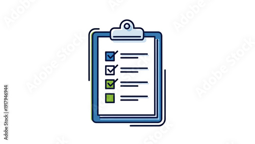 A blue clipboard icon with a checklist, partially filled, and stylized with lines
