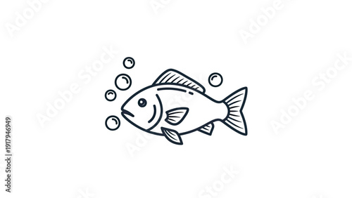 A stylized black and white fish with bubbles on a white background. Simple and clean illustration