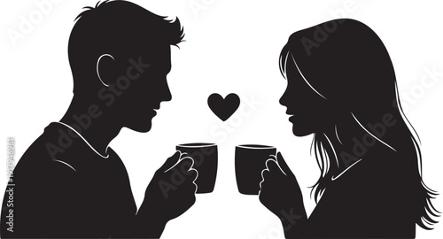 Couple sharing a moment with coffee depicted in a black silhouette