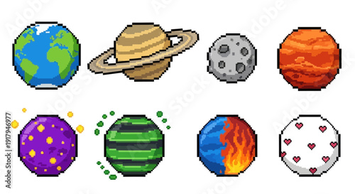 A colorful pixel art depiction of eight various planets, including Earth, Saturn, and moons