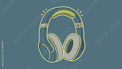 A stylized illustration features headphones with glowing highlights on a teal background